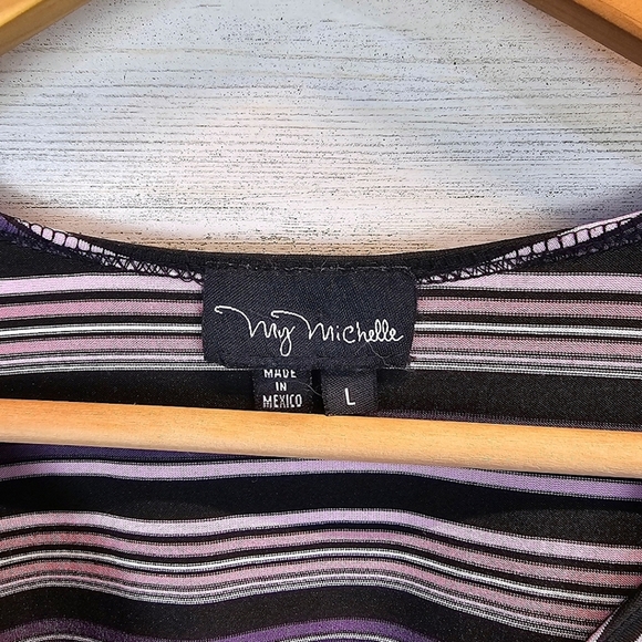 Y2K My Michelle Striped Wrap Top Long Sleeve V-Neck Retro Stretch Blouse Large - Picture 13 of 14